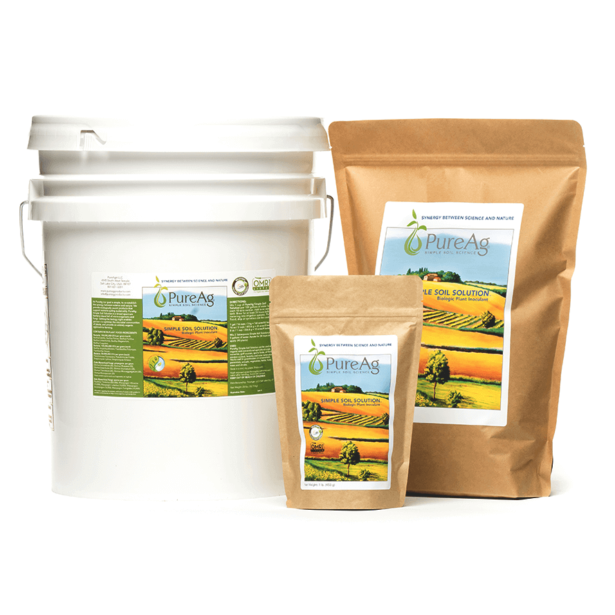 PureAg Simple Soil Solution – Biologic Plant Inoculant — product lineup including 28 lb bucket, 7 lb pouch, and 1 lb pouch of organic biologic plant inoculant
