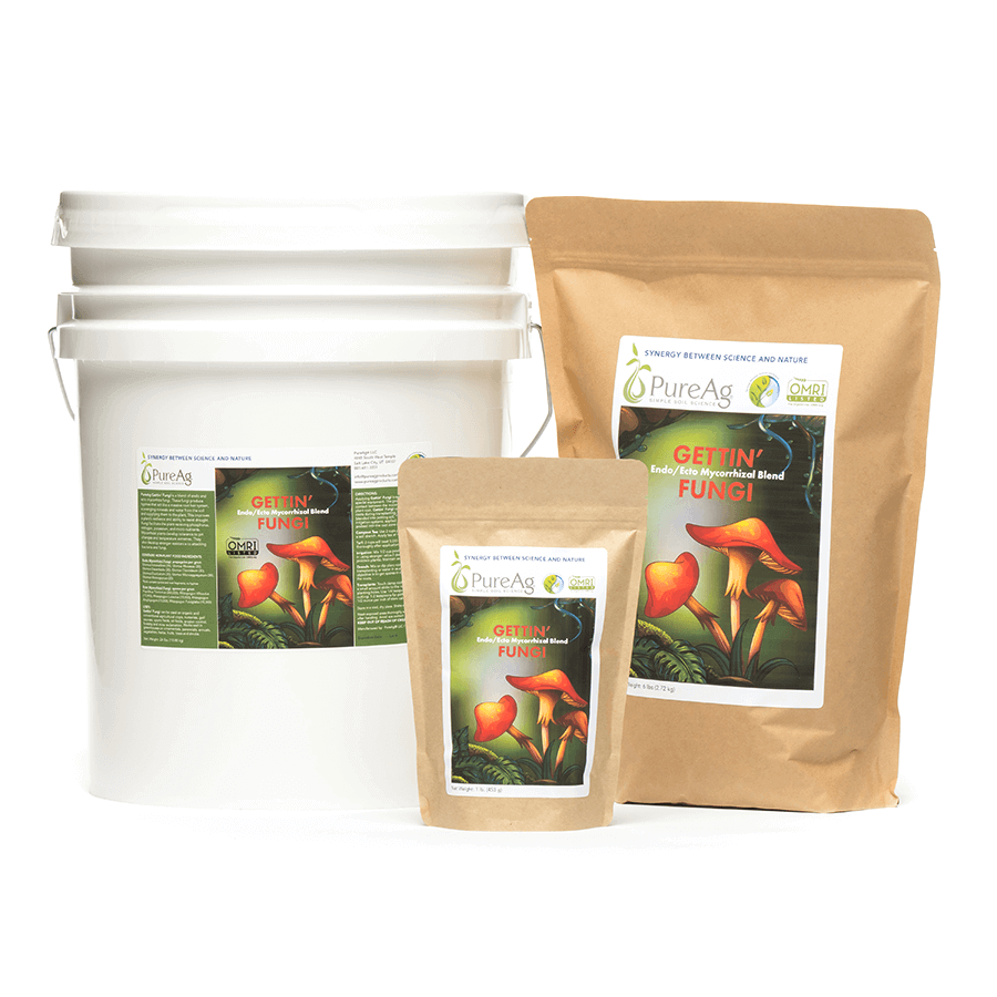 PureAg Gettin' Fungi – Endo/Ecto Mycorrhizal Blend — product lineup including 28 lb bucket, 7 lb pouch, and 1 lb pouch of endo/ecto mycorrhizal fungi inoculant