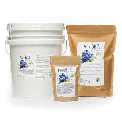 PureAg PureBLUE – Ericoid Mycorrhizal Fungi — product lineup including 28 lb bucket, 7 lb pouch, and 1 lb pouch of ericoid mycorrhizal fungi inoculant