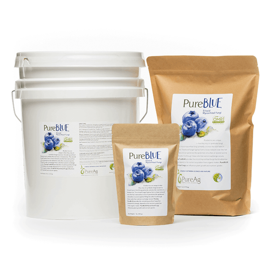 PureAg PureBLUE – Ericoid Mycorrhizal Fungi — product lineup including 28 lb bucket, 7 lb pouch, and 1 lb pouch of ericoid mycorrhizal fungi inoculant