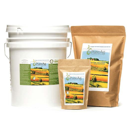 PureAg Simple Soil Solution Biologic PureAg Simple Soil Solution product lineup – 28 lb bucket, 7 lb pouch, and 1 lb pouch of organic biologic plant inoculant