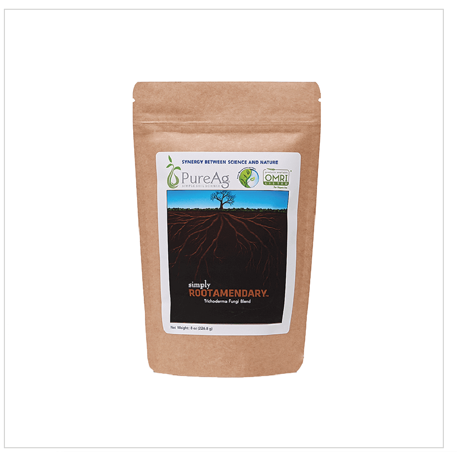 PureAg Simply Rootamendary biological soil inoculant — 8 oz pouch with Trichoderma and beneficial bacteria.